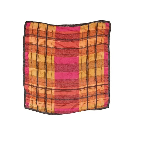 OSCAR DE LA RENTA Silk Square Pocket Scarf Plaid Pink Metallic Gold Sheer - Picture 2 of 5